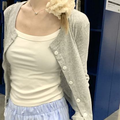 Crew Neck Button Crop Cardigan
