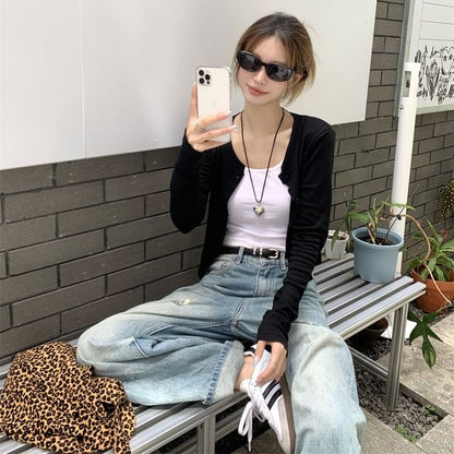 Crew Neck Button Crop Cardigan