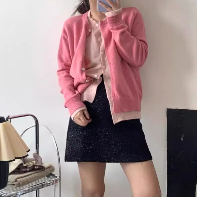 Mock Two Piece Round Neck Cardigan
