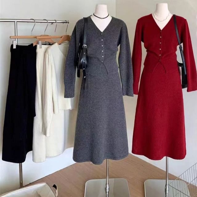 V-Neck Cardigan with High Rise Knit Skirt Set
