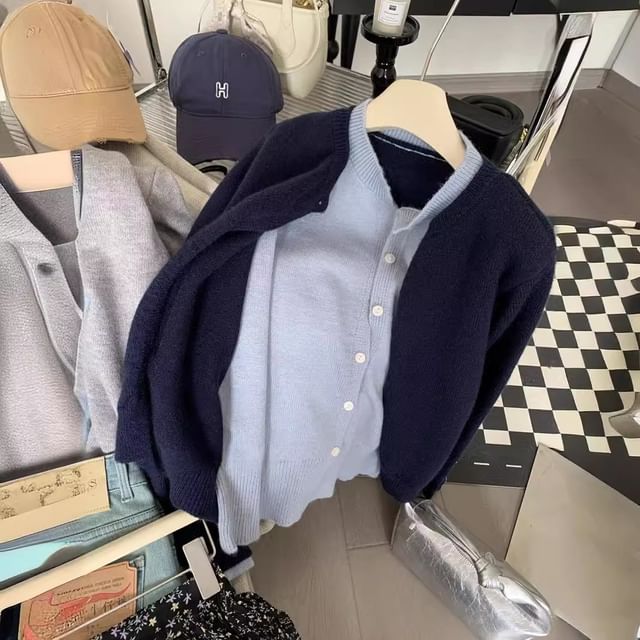 Mock Two Piece Round Neck Cardigan