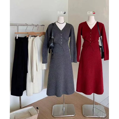 V-Neck Cardigan with High Rise Knit Skirt Set