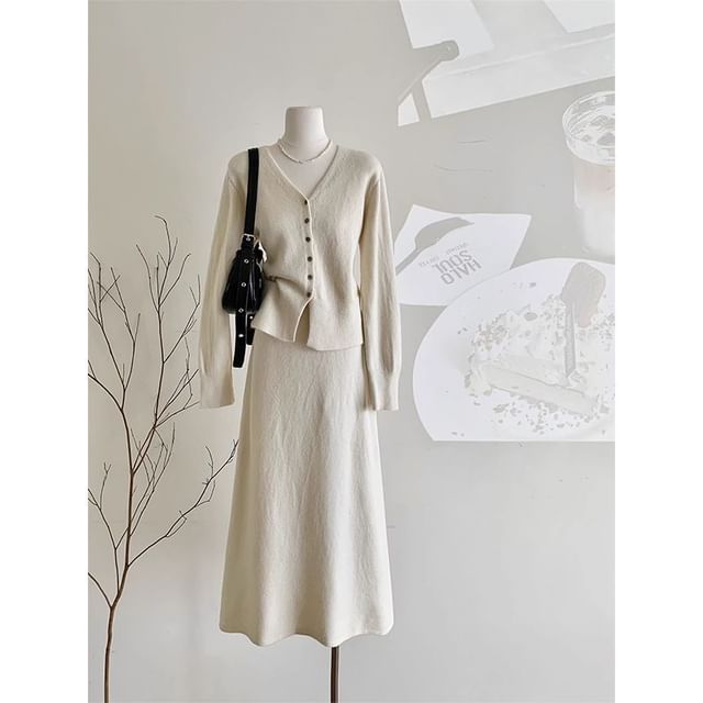 V-Neck Cardigan with High Rise Knit Skirt Set