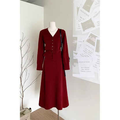 V-Neck Cardigan with High Rise Knit Skirt Set