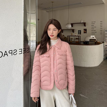 Collar Plain Wavy Button Puffer Jacket