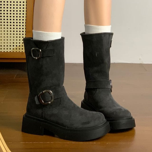 Platform Plain Buckled Faux Suede Mid-Calf Boots