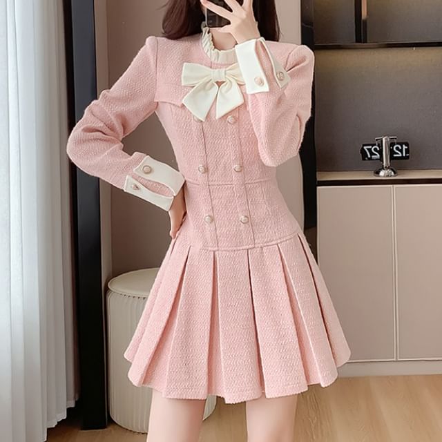 Long Sleeve Stand Collar Bowknot Tweed Mini Pleated A-Line Dress