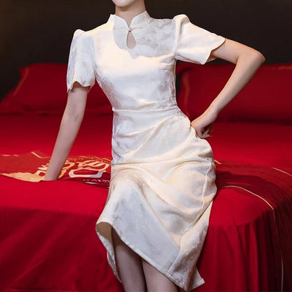 Short Sleeve Mandarin Collar Floral Lace Midi Cocktail Dress