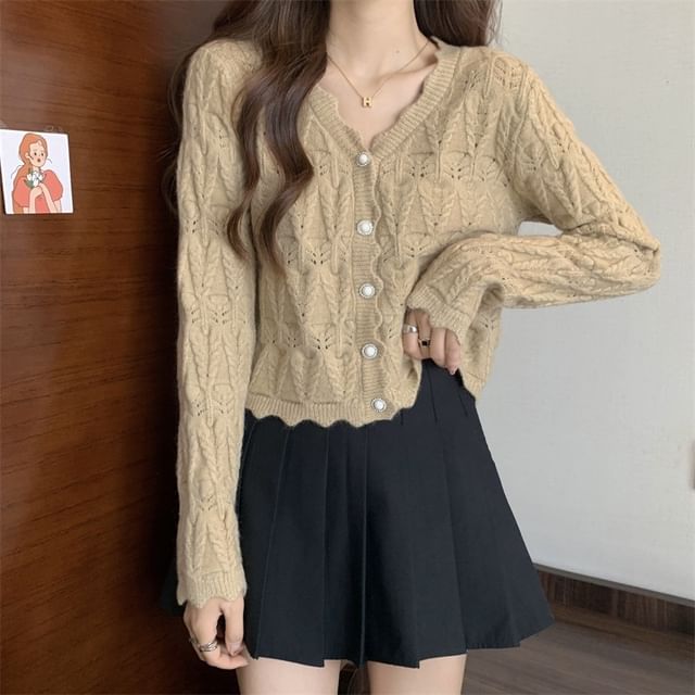 V-Neck Faux Pearl Button Cable Knit Cardigan