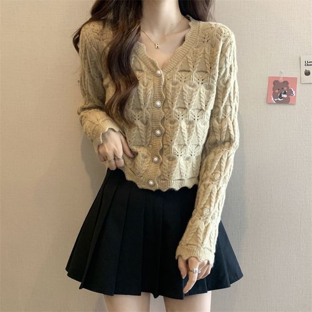 V-Neck Faux Pearl Button Cable Knit Cardigan