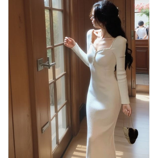 Long Sleeve V-Neck Rhinestone Plain Ribbed Knitted Midi Bodycon Dress