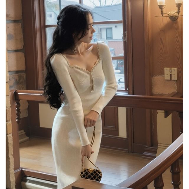 Long Sleeve V-Neck Rhinestone Plain Ribbed Knitted Midi Bodycon Dress