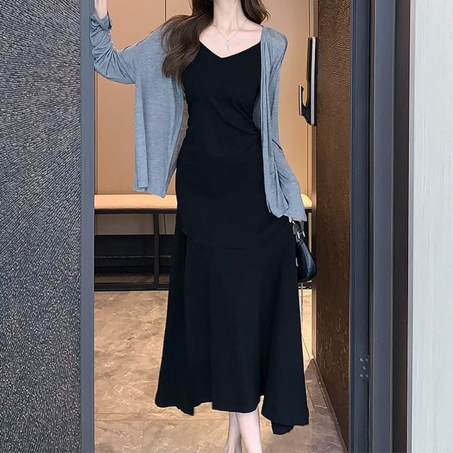Spaghetti Strap Midi Dress with Open Front Cardigan