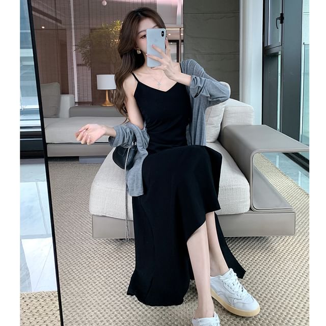 Spaghetti Strap Midi Dress with Open Front Cardigan