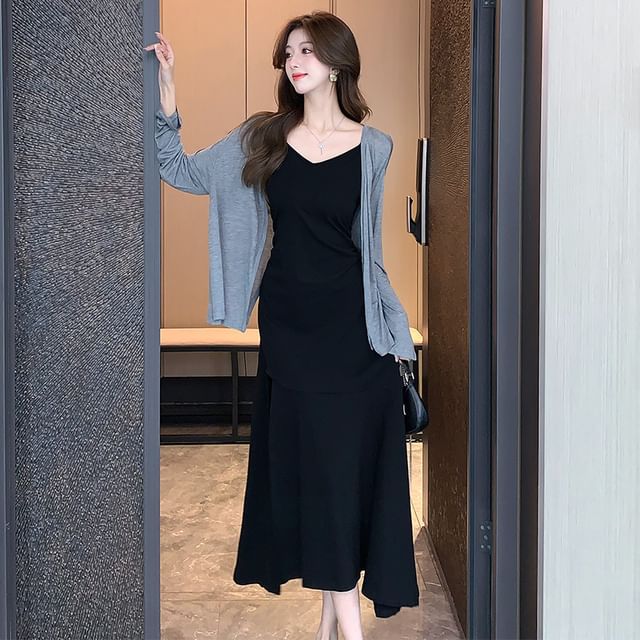 Spaghetti Strap Midi Dress with Open Front Cardigan