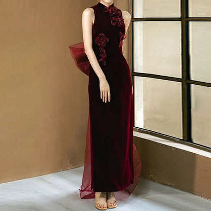 Floral Applique Velvet Mandarin Evening Sleeveless Gown Sheath Collar