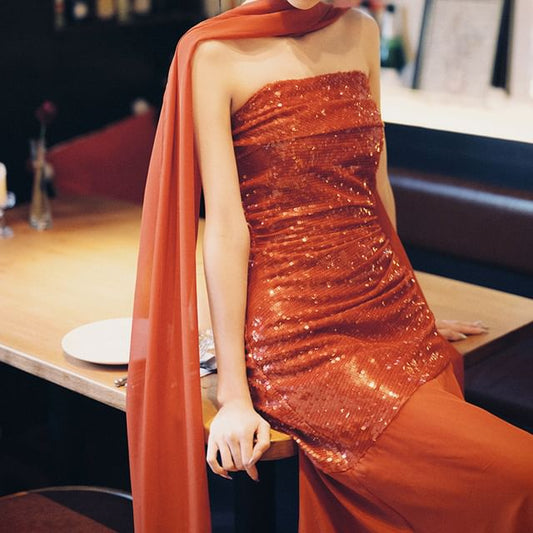 Sequin Panel Sheath Strapless Gown Evening