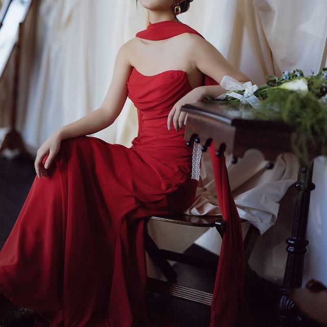 Evening Gown Ruched Strapless Plain Sheath Neckline