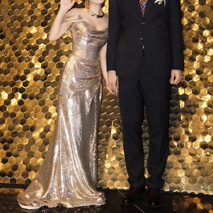 Spaghetti Strap Cowl Neck Sequin Sheath Evening Gown