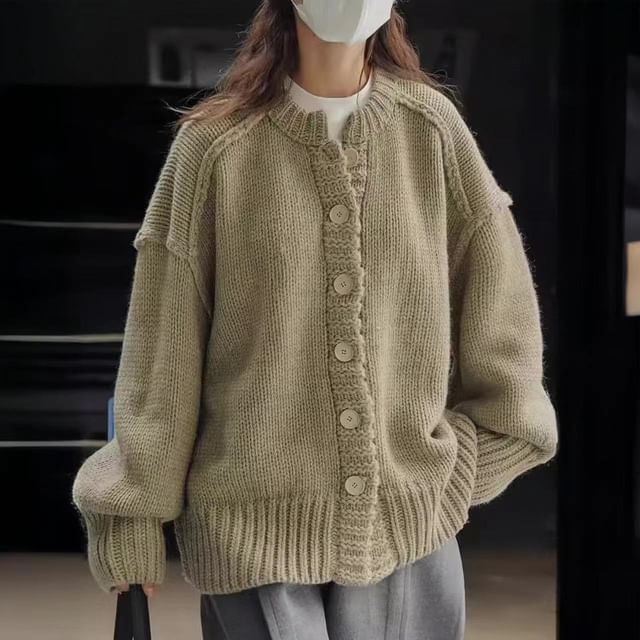 Oversized Stitched Round-Neck Cardigan