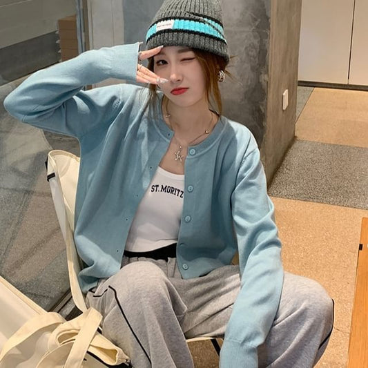 Round Neck Button Front Knit Cardigan