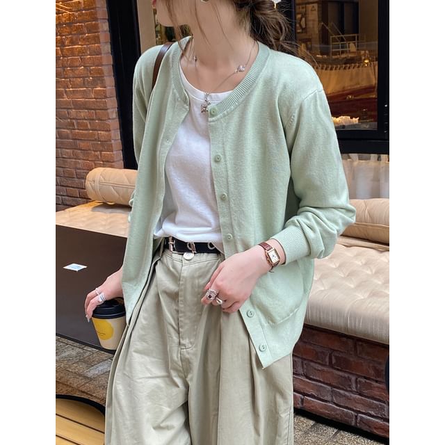 Round Neck Button Front Knit Cardigan