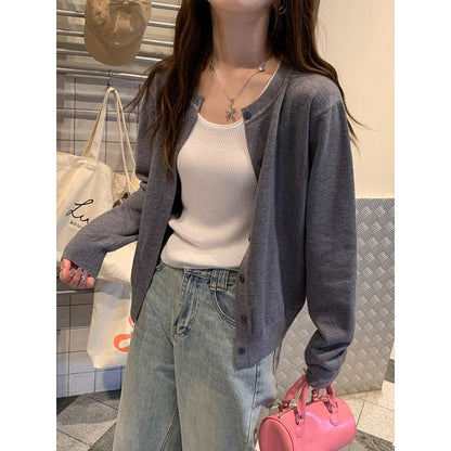 Round Neck Button Front Knit Cardigan
