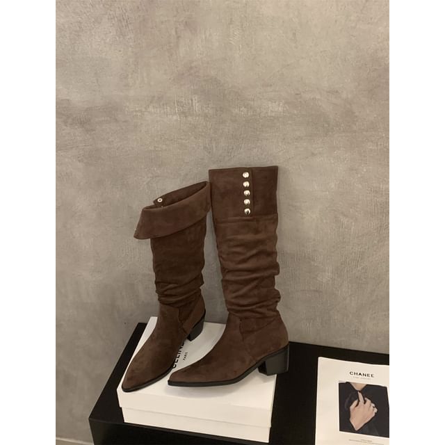 Block Heel Button Tall Boots