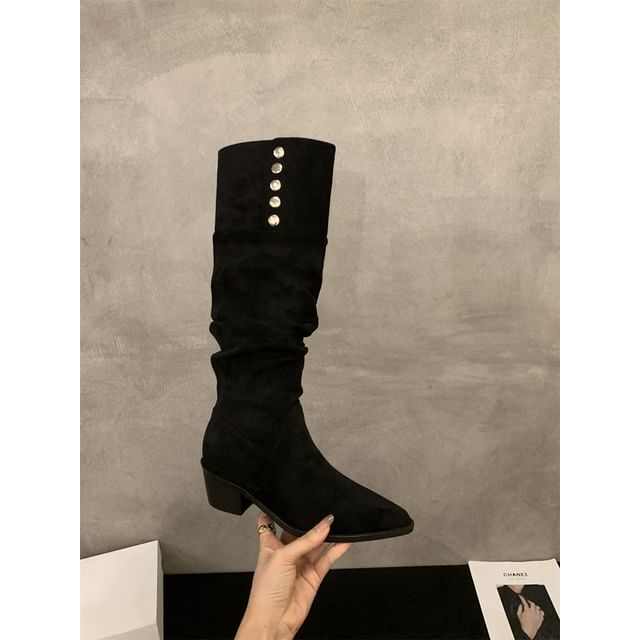 Block Heel Button Tall Boots