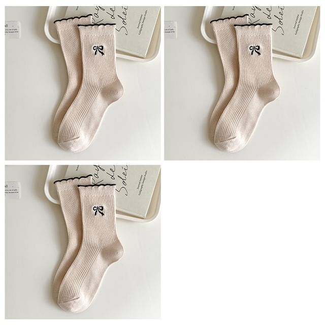 Bow Embroidered Ribbed Short Socks Set