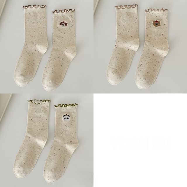 Animal Embroidered Melange Frill Short Socks Set