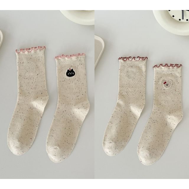 Animal Embroidered Melange Frill Short Socks Set