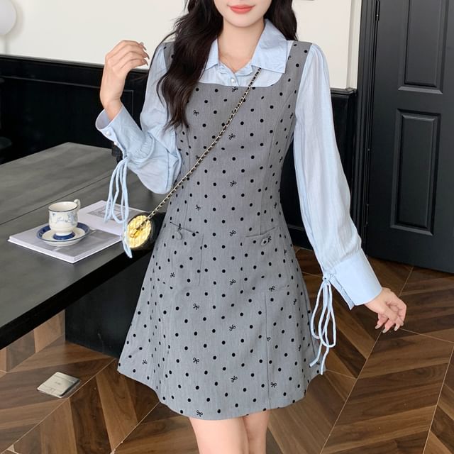 Long Sleeve Collared Dotted Mock Two Piece A-Line Dress (Various Designs)