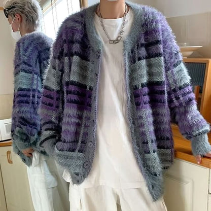Plaid Fluffy Oversized Crew Neck Cardigan