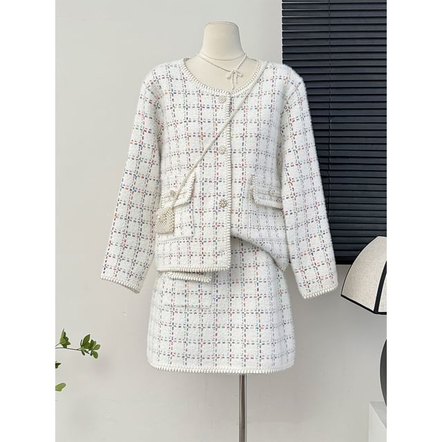 Set: Round-Neck Tweed Jacket + Mini Skirt