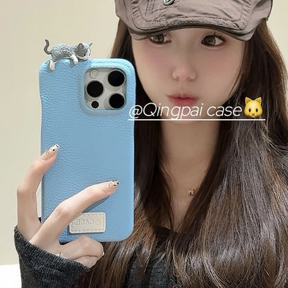 Plain Leather Cat Phone Case - iPhone 16 Pro Max / 16 Pro / 16 / 15 Pro Max / 15 Pro / 15 / 14 Pro Max / 14 Pro / 14 / 13 Pro Max / 13 Pro / 13