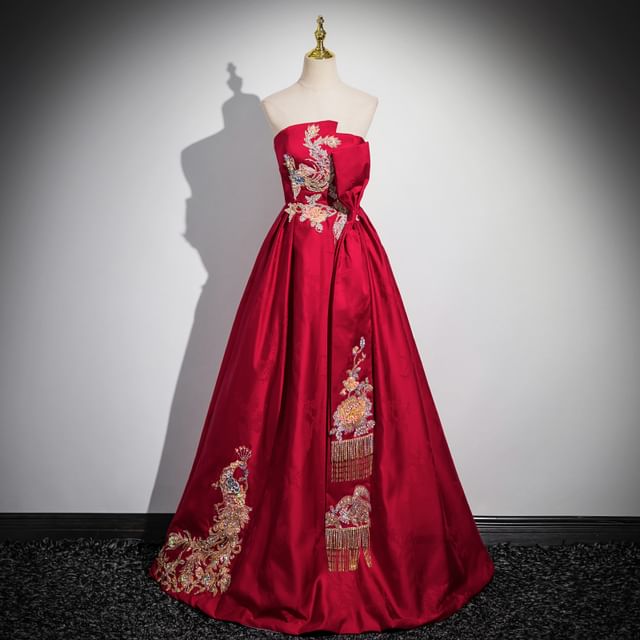Strapless Embroidered A-Line Evening Gown
