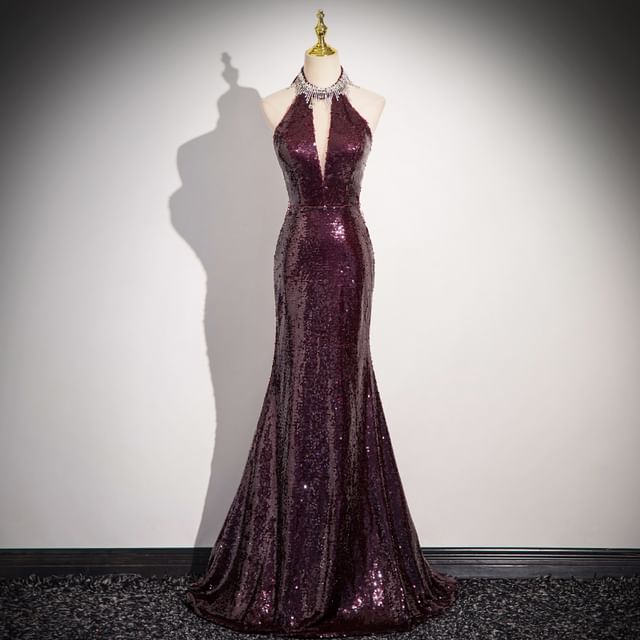 Sleeveless Sequin Sheath Evening Gown