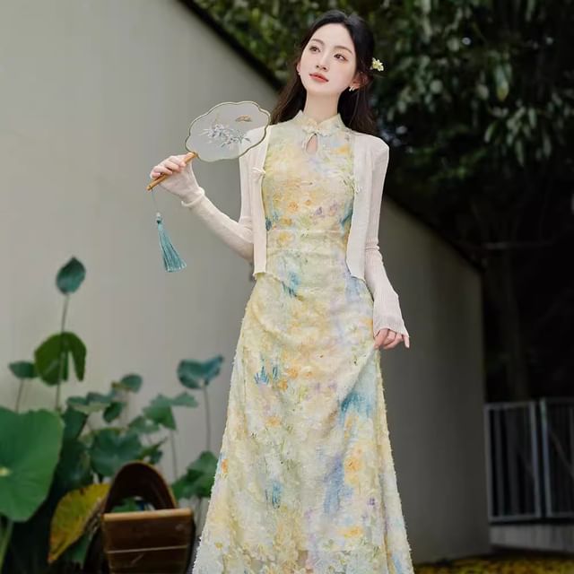 Plain Cardigan / Sleeveless Mock Neck Floral Maxi A-Line Dress / Set