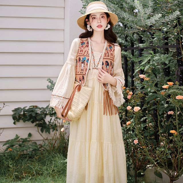 Flared-Sleeve Flower Embroidered Fringed Trim Midi Smock Dress / Patterned Vest / Set