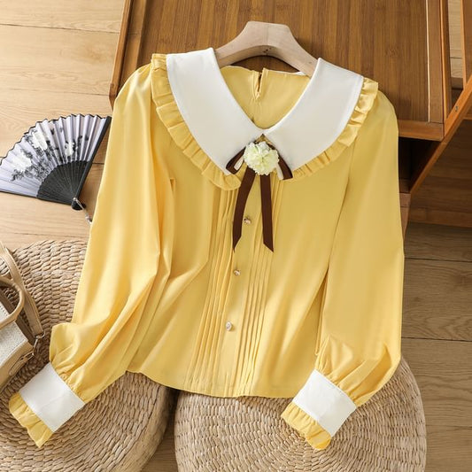 Puff-Sleeve Two Tone Flower Detail Blouse