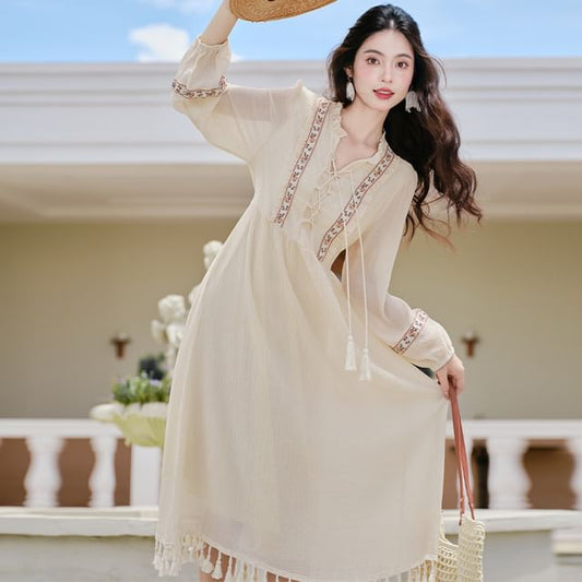 Puff-Sleeve Flower Embroidered Tassel Hem Lace-Up Midi A-Line Dress / Patterned Vest / Set