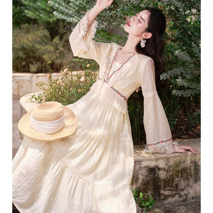 Flared-Sleeve Flower Embroidered Fringed Trim Midi Smock Dress / Patterned Vest / Set