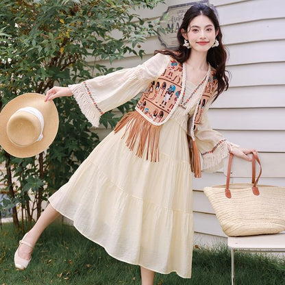 Flared-Sleeve Flower Embroidered Fringed Trim Midi Smock Dress / Patterned Vest / Set