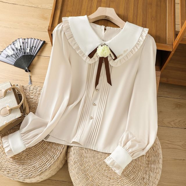 Puff-Sleeve Two Tone Flower Detail Blouse