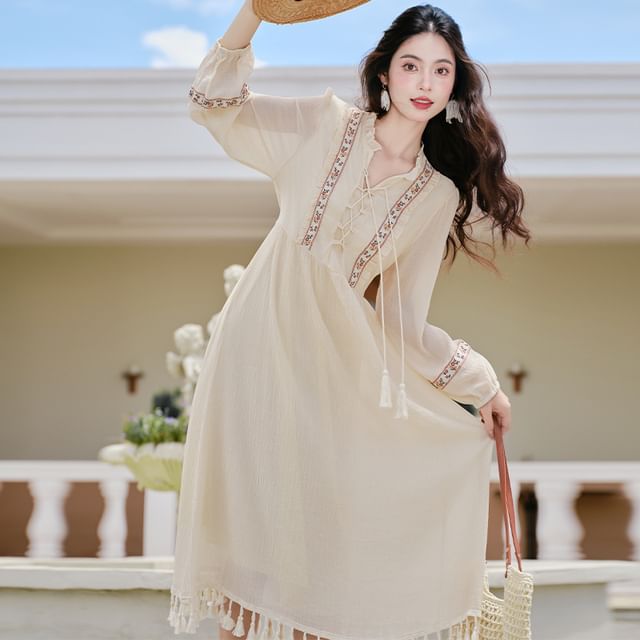 Puff-Sleeve Flower Embroidered Tassel Hem Lace-Up Midi A-Line Dress / Patterned Vest / Set