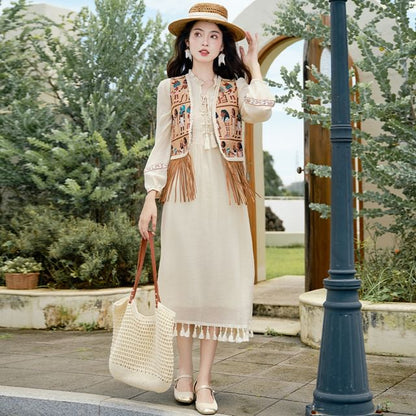 Puff-Sleeve Flower Embroidered Tassel Hem Lace-Up Midi A-Line Dress / Patterned Vest / Set