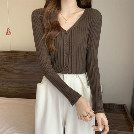 V-Neck Button-Front Smooth Knit Cardigan