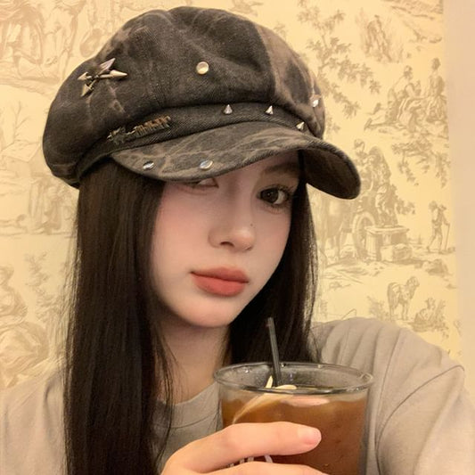 Star Applique Studded Denim Newsboy Cap