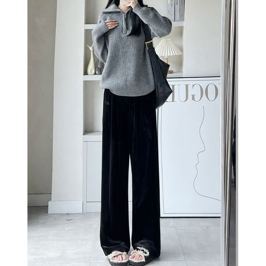 Velvet High Waist Elastic Waist Drape Wide Leg Pants